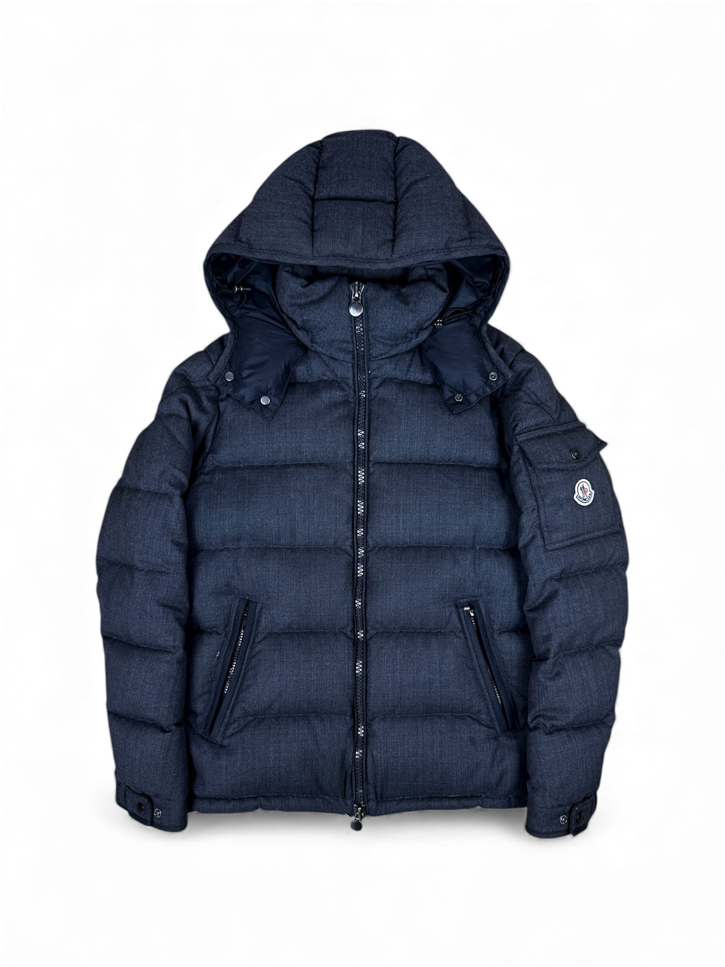 Moncler Montgenevre down jacket with hood front view — FashnLuxe