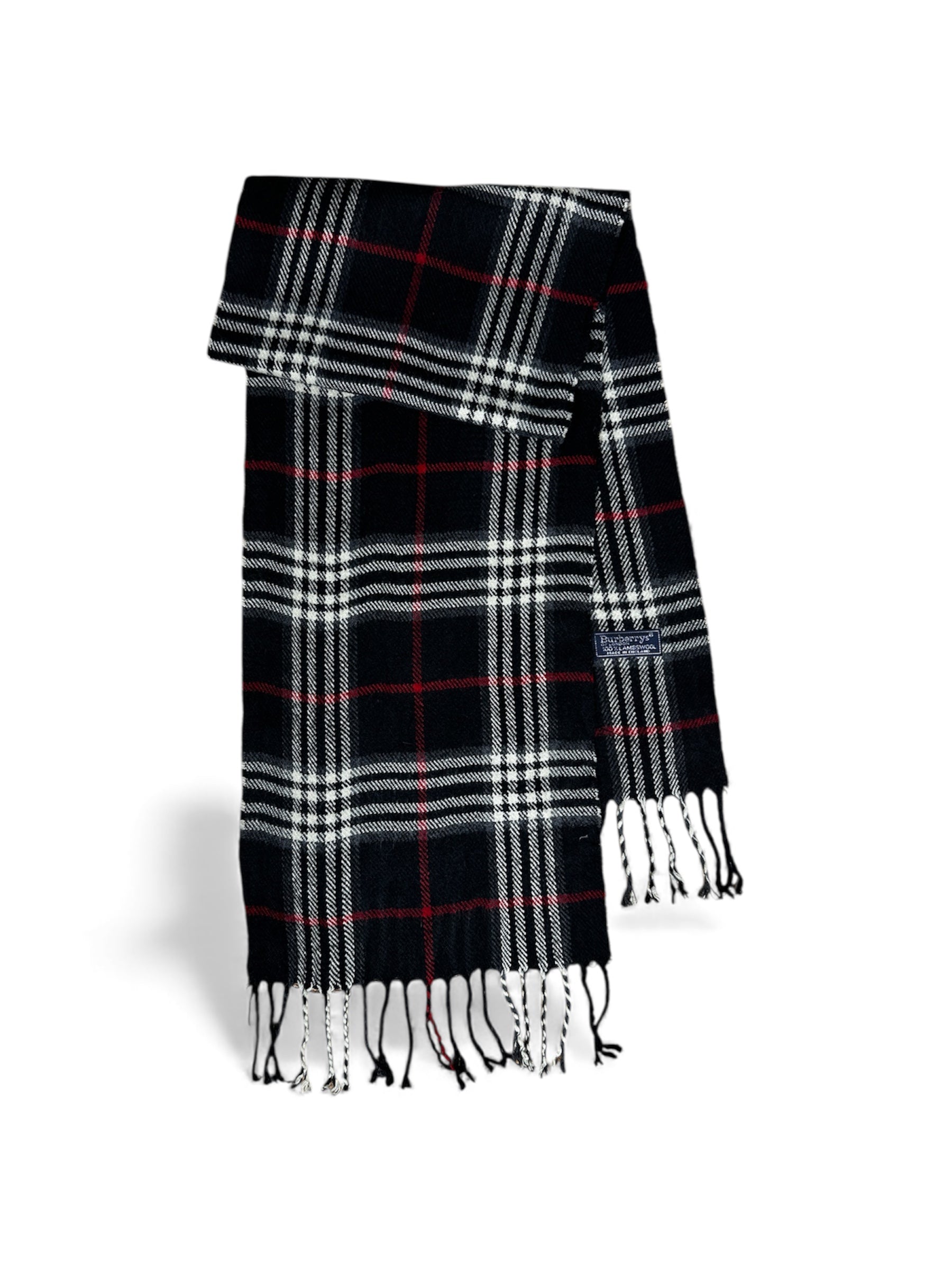 Burberry Nova Check wool silk scarf laid flat — FashnLuxe
