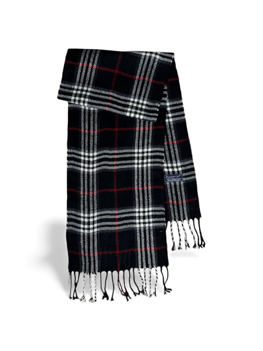 Burberry Nova Check wool silk scarf laid flat — FashnLuxe