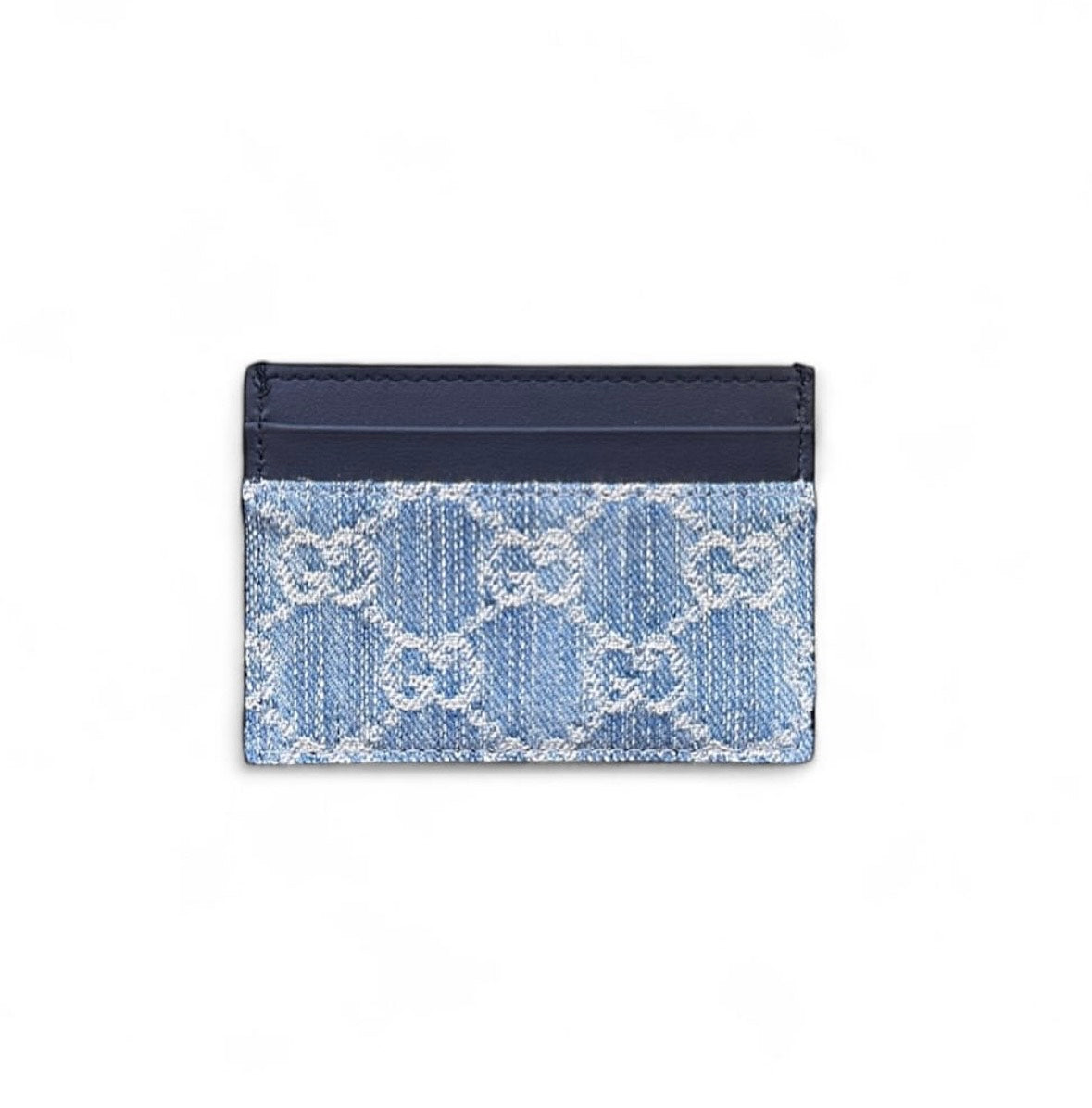 Gucci denim cardholder with GG hardware front view — FashnLuxe