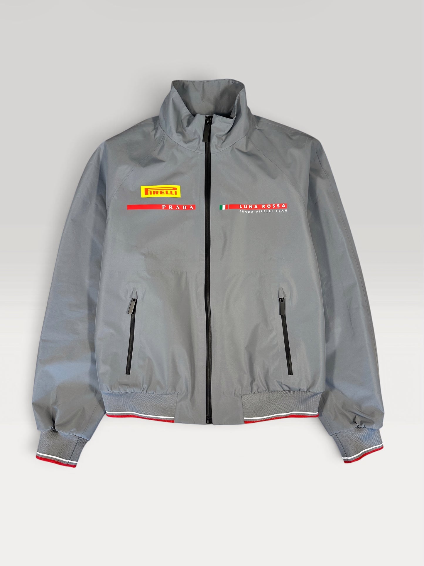 Prada Luna Rossa Pirelli Team jacket in grey technical shell, front view