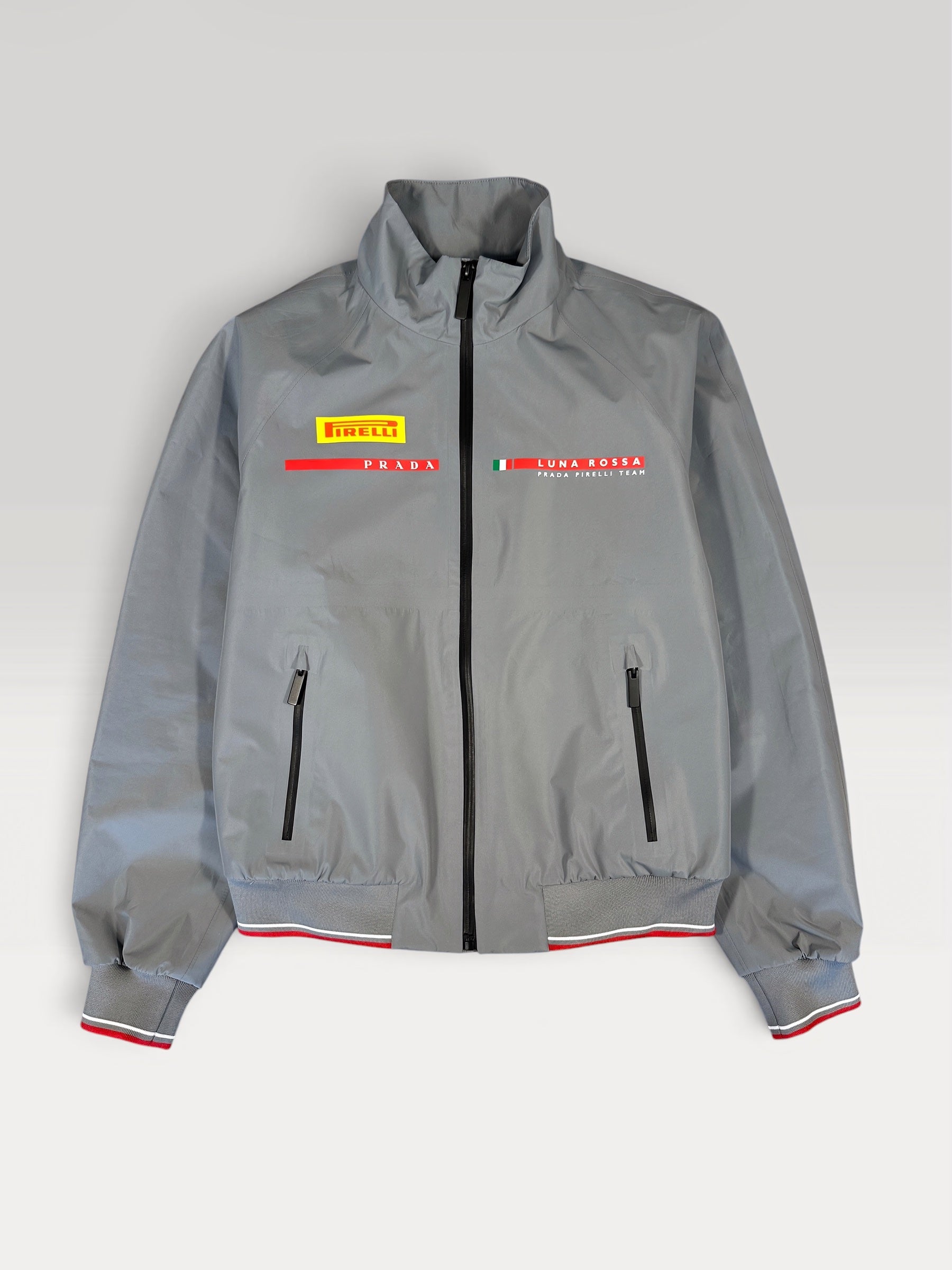 Prada Luna Rossa Pirelli Team jacket in grey technical shell, front view